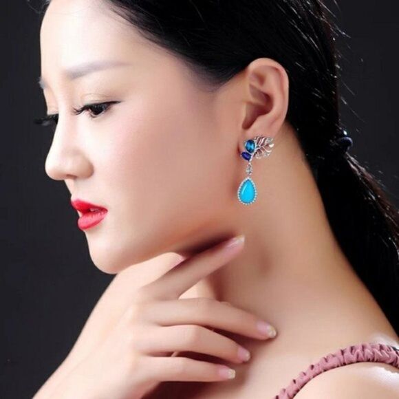 Blue Crystal Rhinestone Flower Vintage Silver Drop Dangle Statement Earrings - Picture 3 of 7